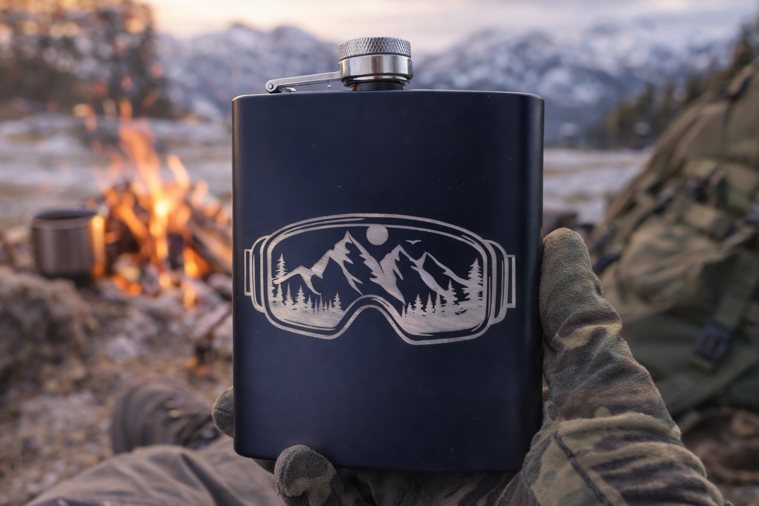 Schwarzer Flachmann mit Gravur Skibrille und Bergmotiv als Geschenk für Männer Outdoor und Ski Fans