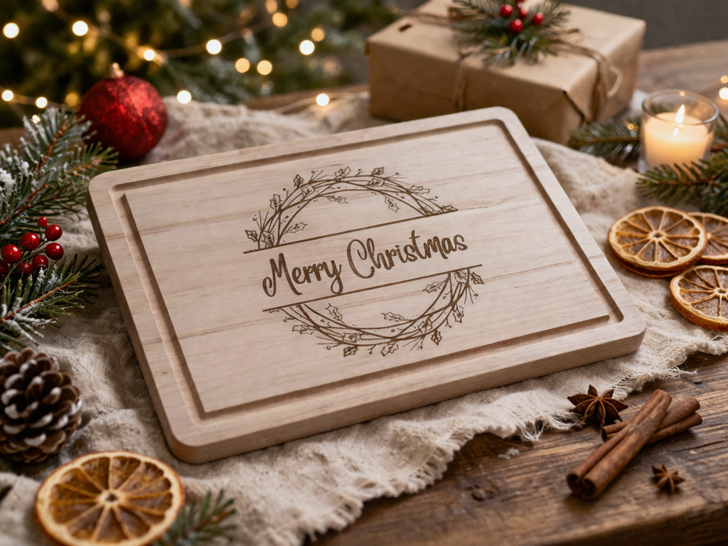 Holz Schneidebrett mit Merry Christmas Gravur als dekoratives Weihnachtsgeschenk für Küche und Zuhause
