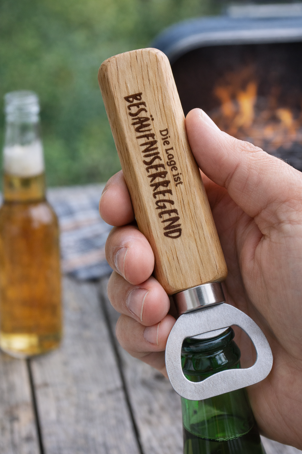 Flaschenöffner Holz „Die Lage ist besäufniserregend“