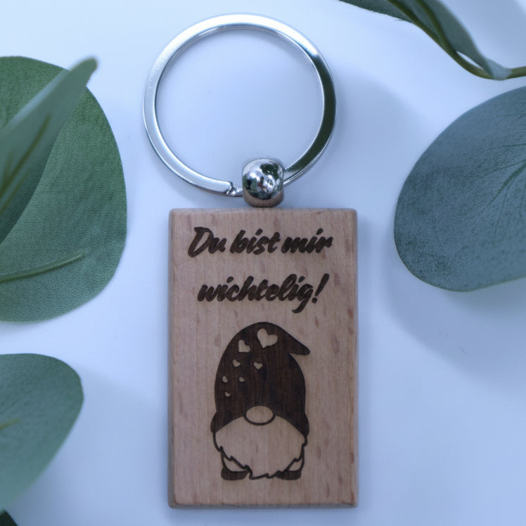 Rechteckiger Schlüsselanhänger aus Holz mit Spruch Du bist mir wichtelig