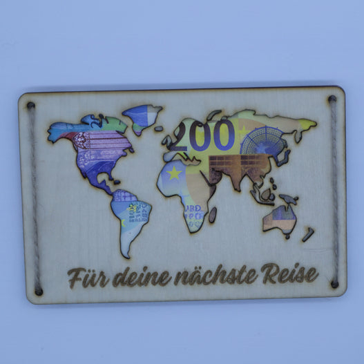 Lasergravierte Holzkarte Weltkarte Geldgeschenk