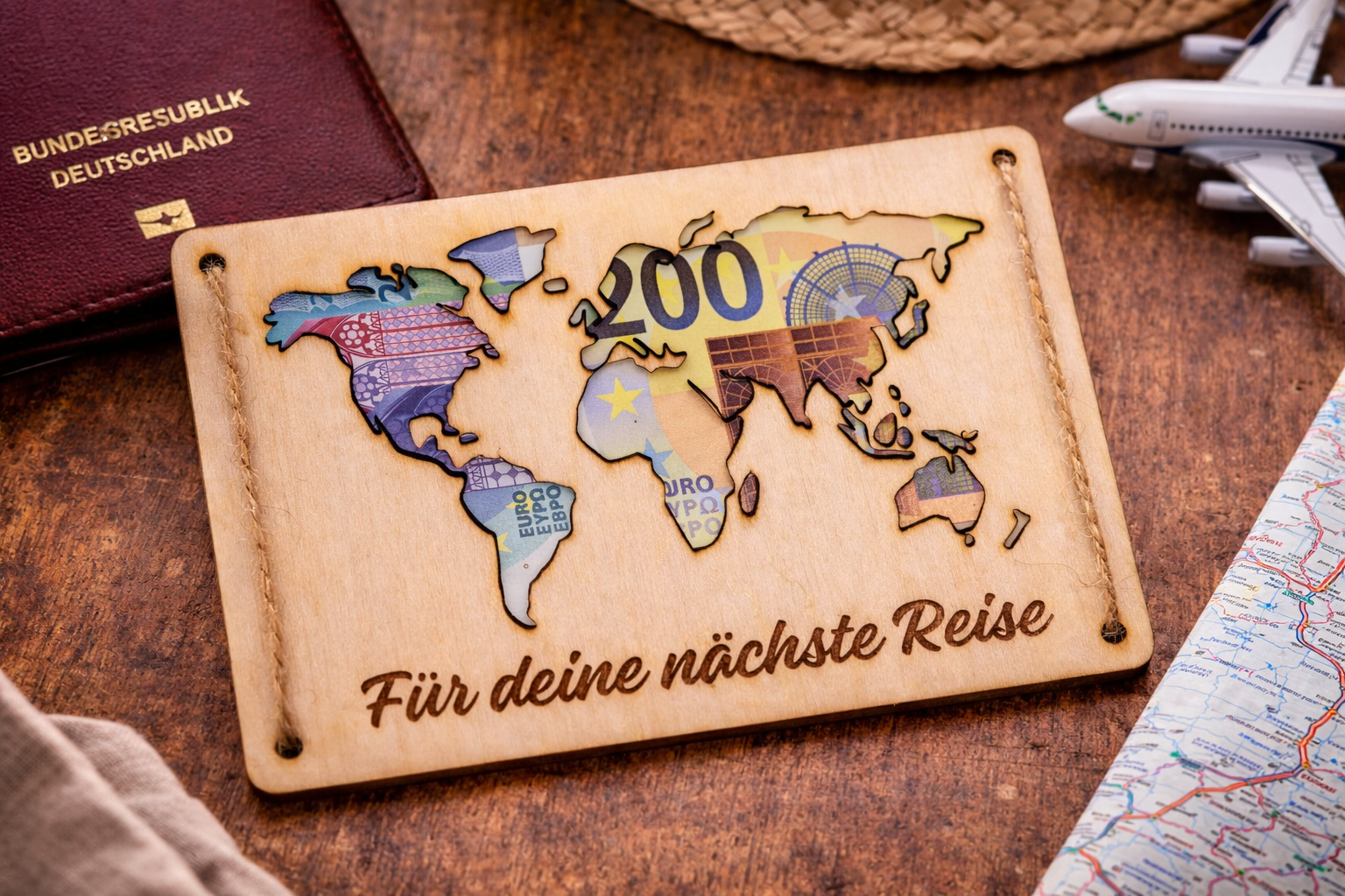 Holz Geldgeschenk Karte für deine nächste Reise
