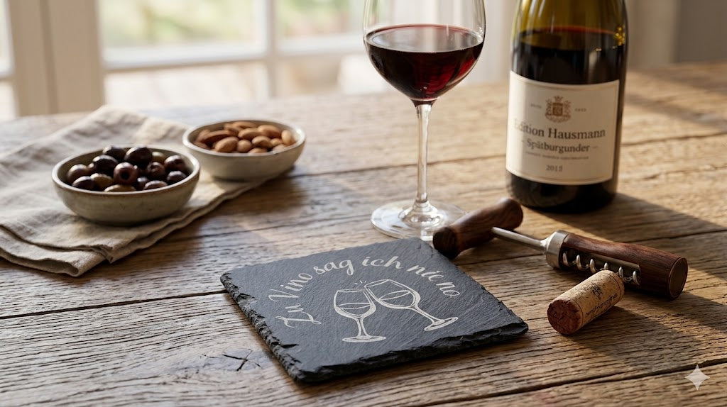 Schiefer Glasuntersetzer mit Gravur Zu Vino sag ich nie no unter Weinglas