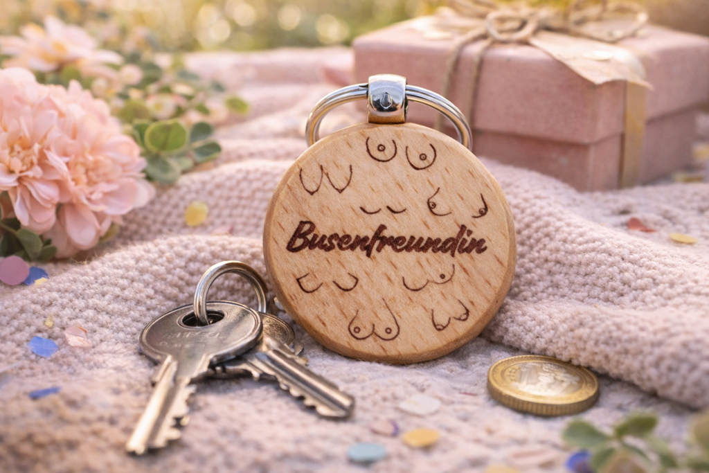 Lustiger Holz Schlüsselanhänger Busenfreundin mit Gravur als Geschenk für beste Freundin