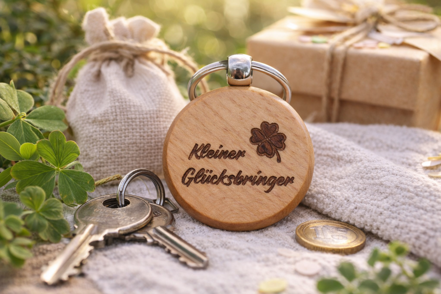 Holz Schlüsselanhänger Glücksbringer mit Kleeblatt Gravur als kleines Geschenk für Glück und Erfolg