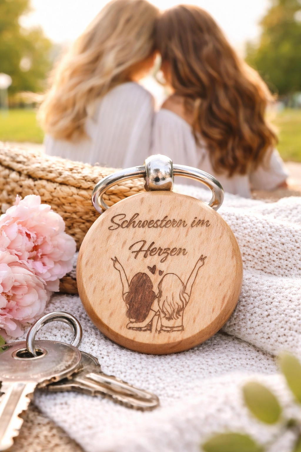 Personalisierter Holz Schlüsselanhänger mit Gravur Schwestern im Herzen als Geschenk für Schwester oder beste Freundin