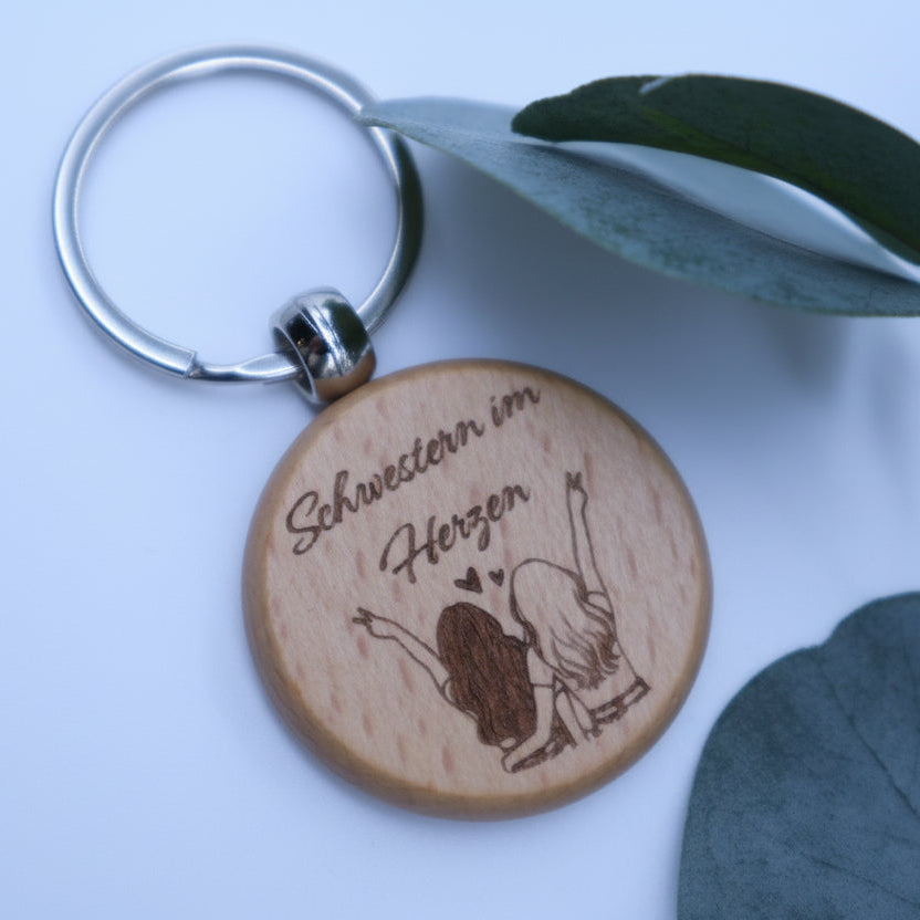 Holz Schlüsselanhänger Schwestern im Herzen als Geschenk für beste Freundinnen oder Schwestern