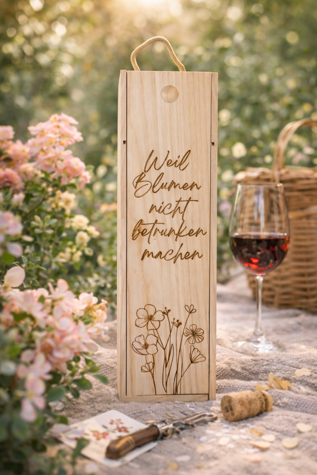 Personalisierte Weinkiste aus Holz mit Gravur Weil Blumen nicht betrunken machen als Geschenk mit Wein und Blumen